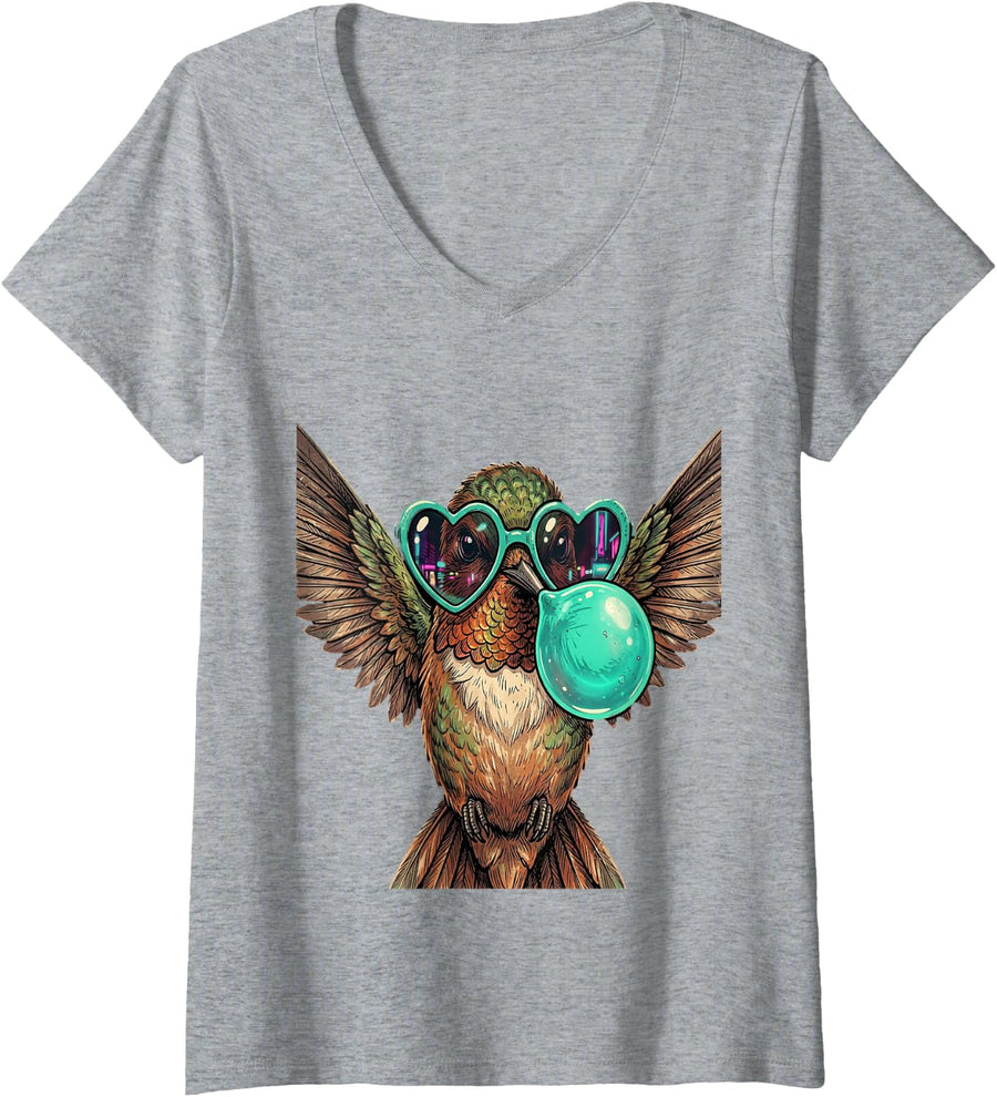 Women's Funny Hummingbird Bubblegum Teal Indie Sleaze Style V-Neck T-Shirt - Heather Grey