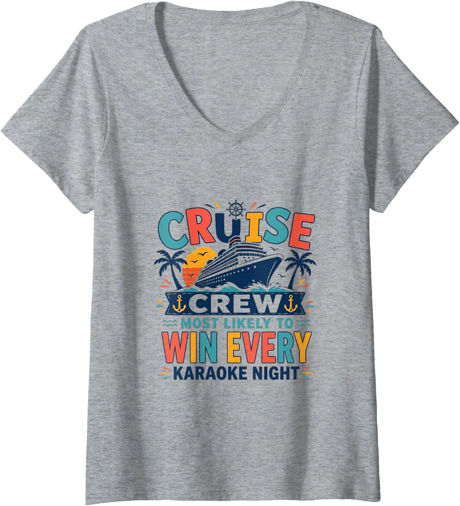 Women's Funny Cruise Crew Most Likely to Win Karaoke Matching Family V-Neck T-Shirt - Heather Grey