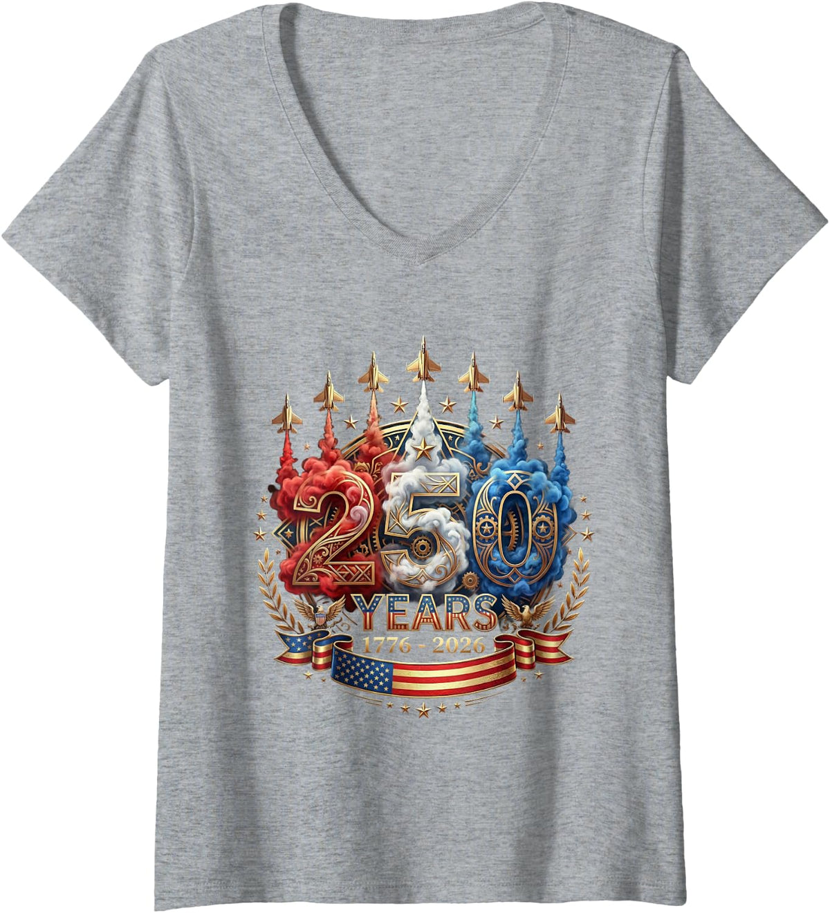 Women's 250 Years of Freedom 1776 Patriotic Independence Anniversary V-Neck T-Shirt - Heather Grey