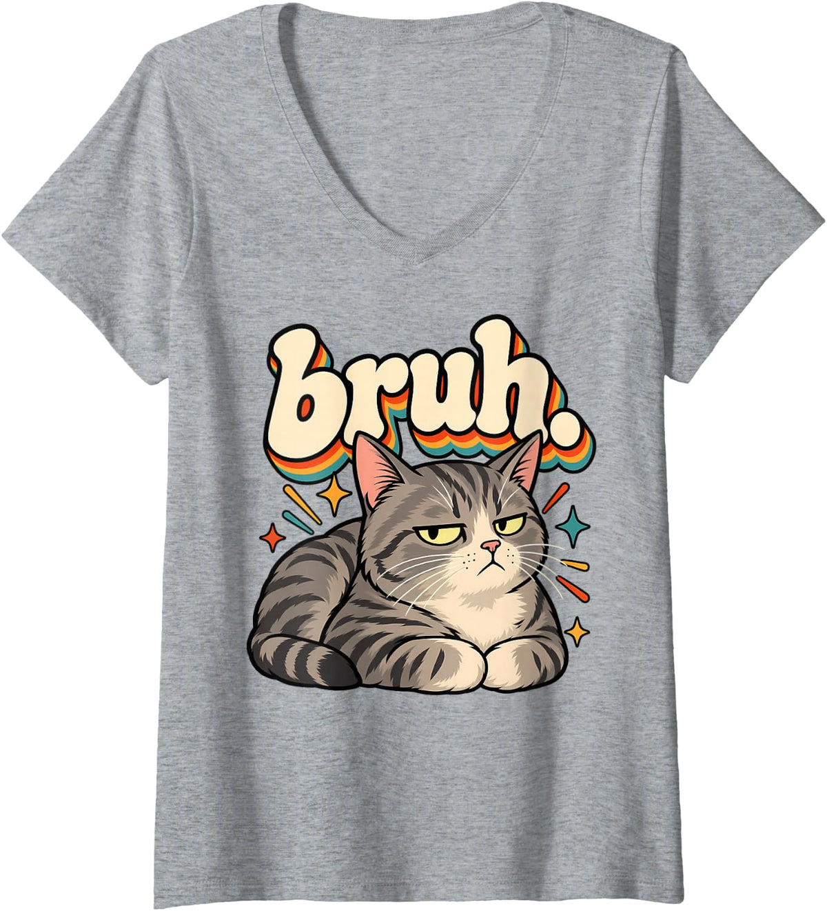 Women's Bruh Grumpy Gray Tabby Cat Funny Retro Attitude Art V-Neck T-Shirt - Heather Grey