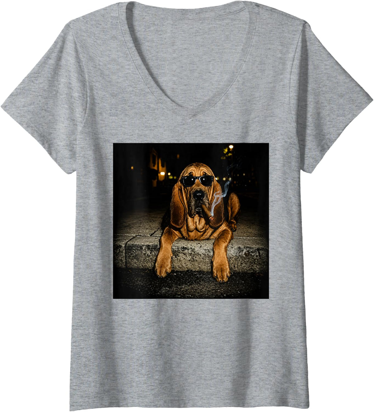 Women's Bloodhound Dog Smoking Cigar Cool Sunglasses Design V-Neck T-Shirt - Heather Grey