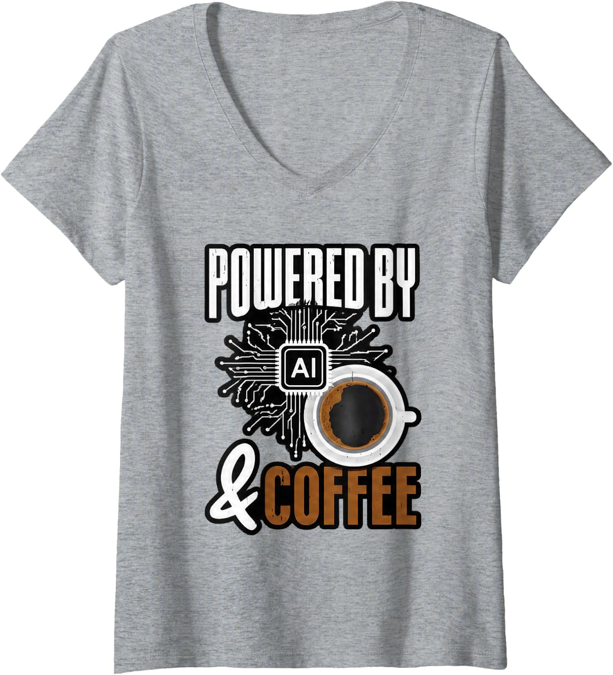 Women's Funny Artificial Intelligence Tech Powered By AI and Coffee V-Neck T-Shirt - Heather Grey
