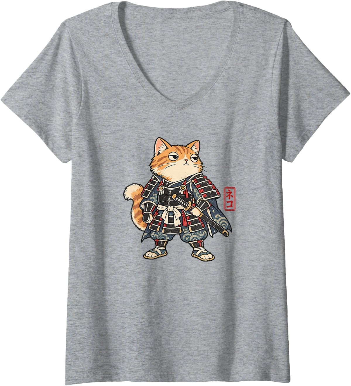 Women's Neko Samurai Orange Tabby Cat Japanese Warrior Vintage Art V-Neck T-Shirt - Heather Grey