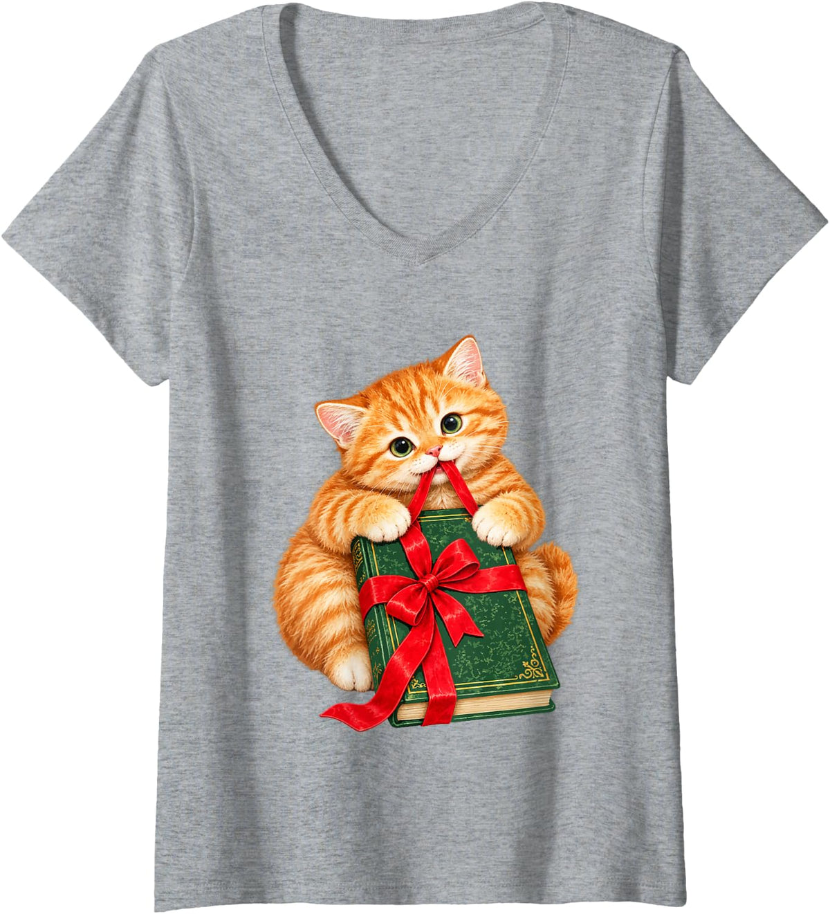 Women's Cute Christmas Orange Tabby Cat Book Lover Ginger Kitten V-Neck T-Shirt - Heather Grey