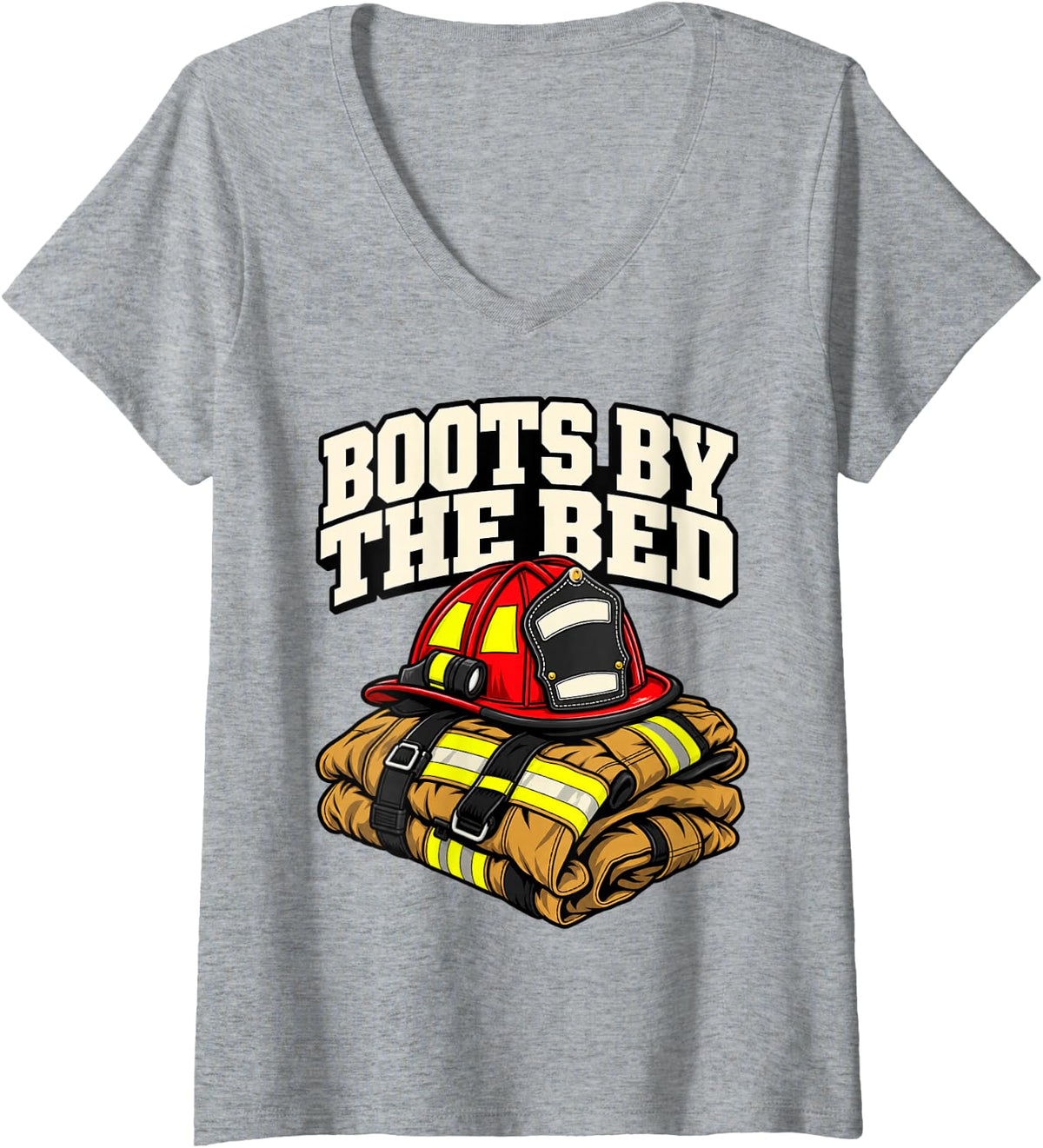 Women's Volunteer Firefighter Boots By The Bed Helmet Rescue Fans V-Neck T-Shirt - Heather Grey