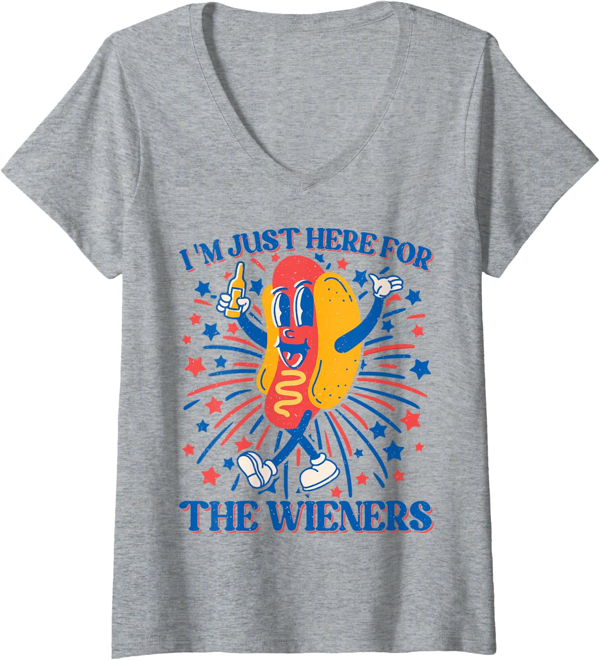 Womens Hot Dog I'm Just Here For The Wieners 4Th Of July V-Neck T-Shirt - Heather Grey