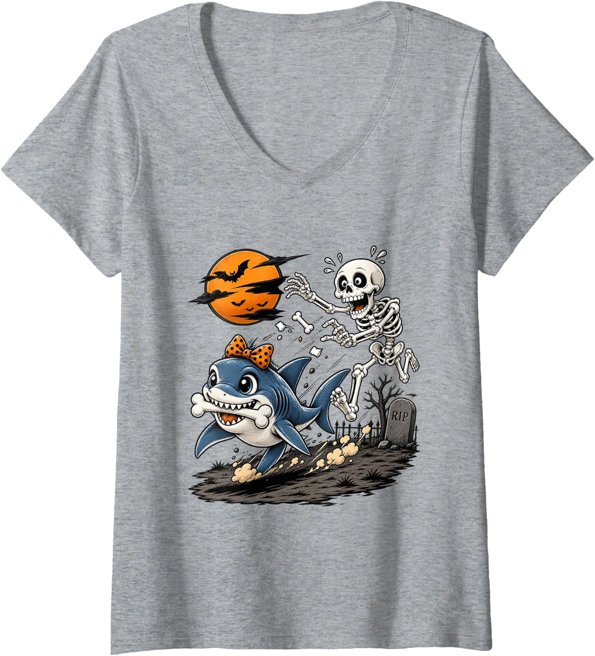 Women's Cute Shark Skeleton Funny Halloween Animal Lovers V-Neck T-Shirt - Heather Grey