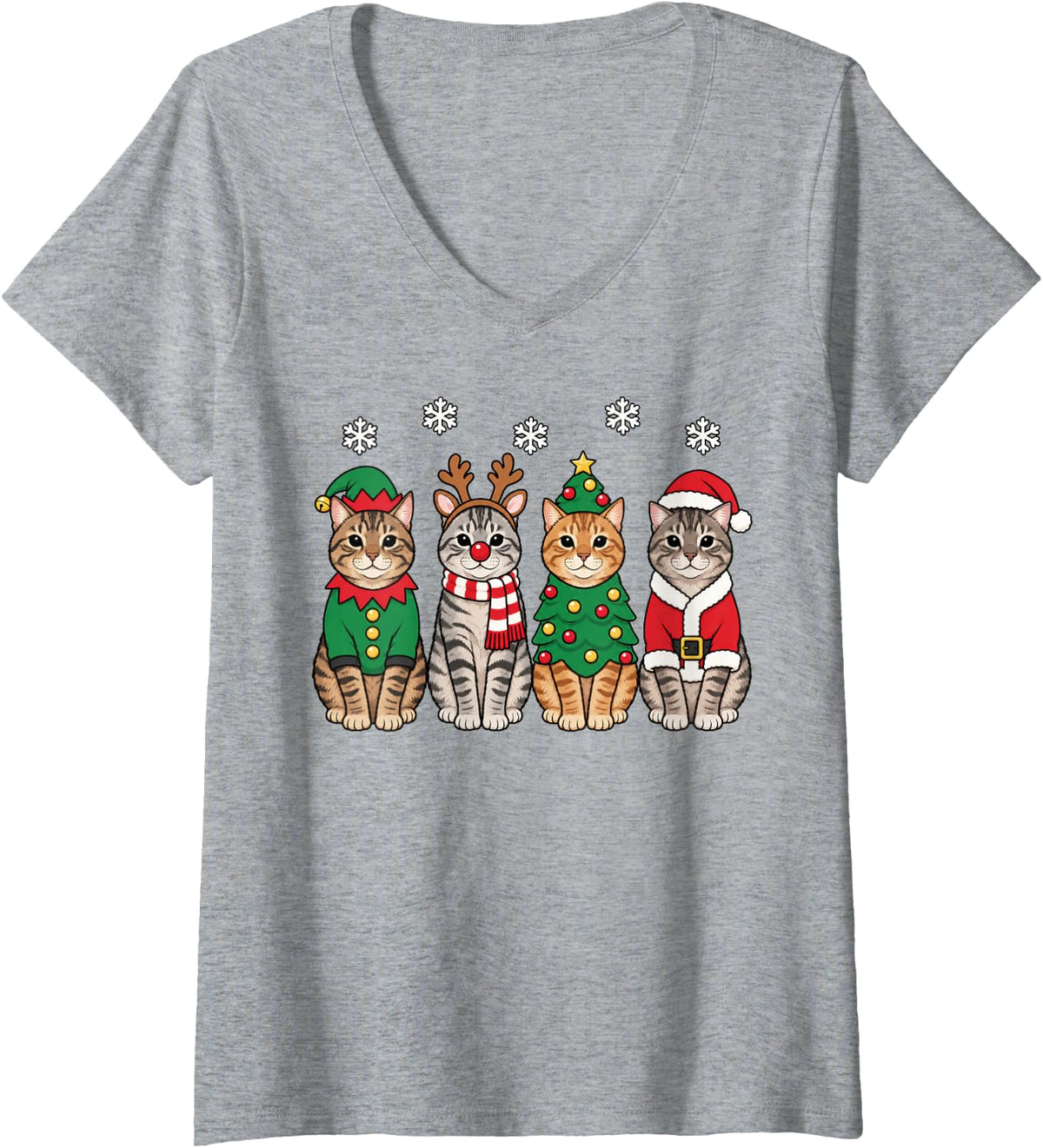 Women's Tabby Cat Christmas Reindeer Santa V-Neck T-Shirt - Heather Grey