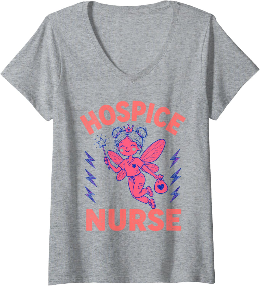 Women's Hospice Nurse Fairy V-Neck T-Shirt - Heather Grey