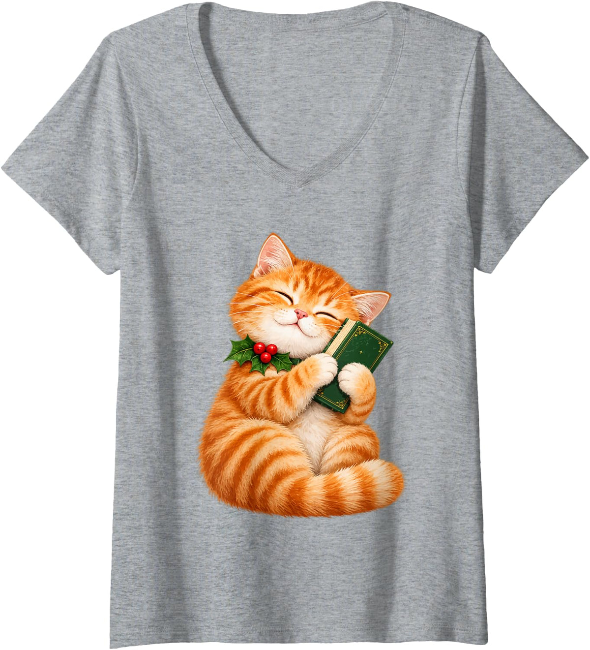 Women's Cute Orange Tabby Cat Hugging a Book Christmas Kitten Reader V-Neck T-Shirt - Heather Grey
