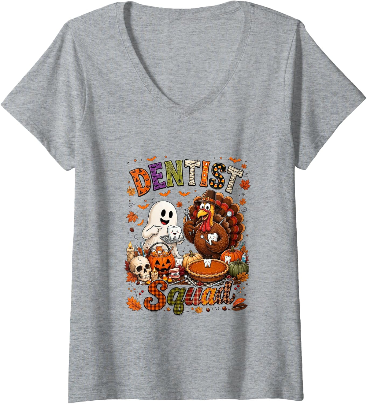 Women's Dentist Squad Funny Halloween Boo Thanksgiving Turkey V-Neck T-Shirt - Heather Grey