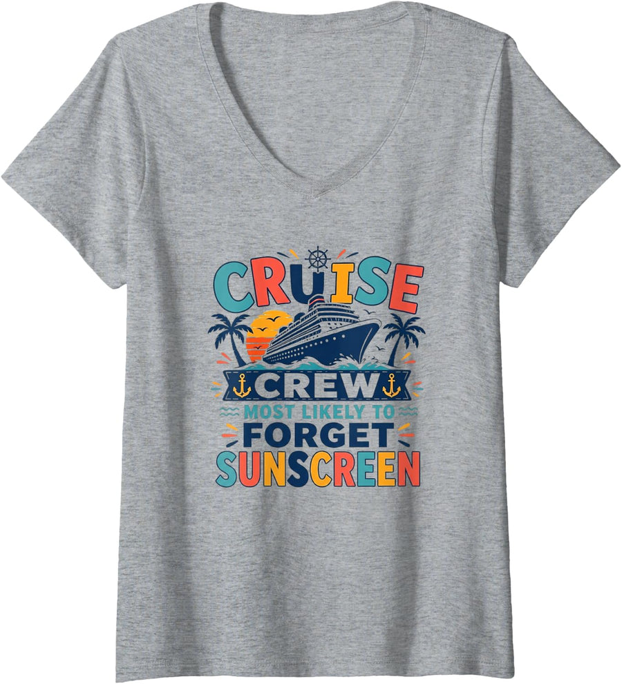 Women's Cruise Sunscreen Funny Matching Family Vacation Gift V-Neck T-Shirt - Heather Grey