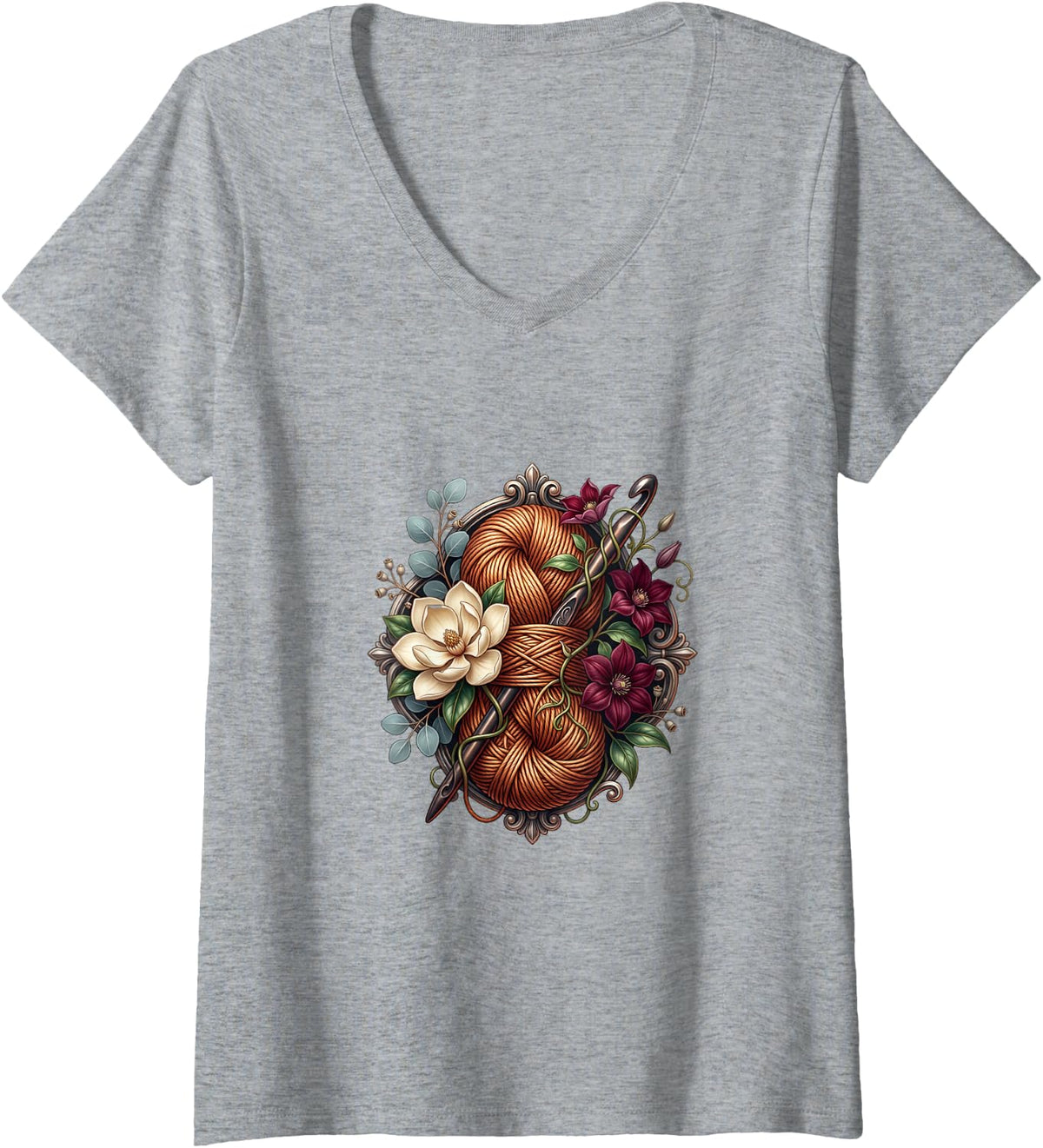 Women's Yarn Ball and Knitting Needles with Flowers V-Neck T-Shirt - Heather Grey