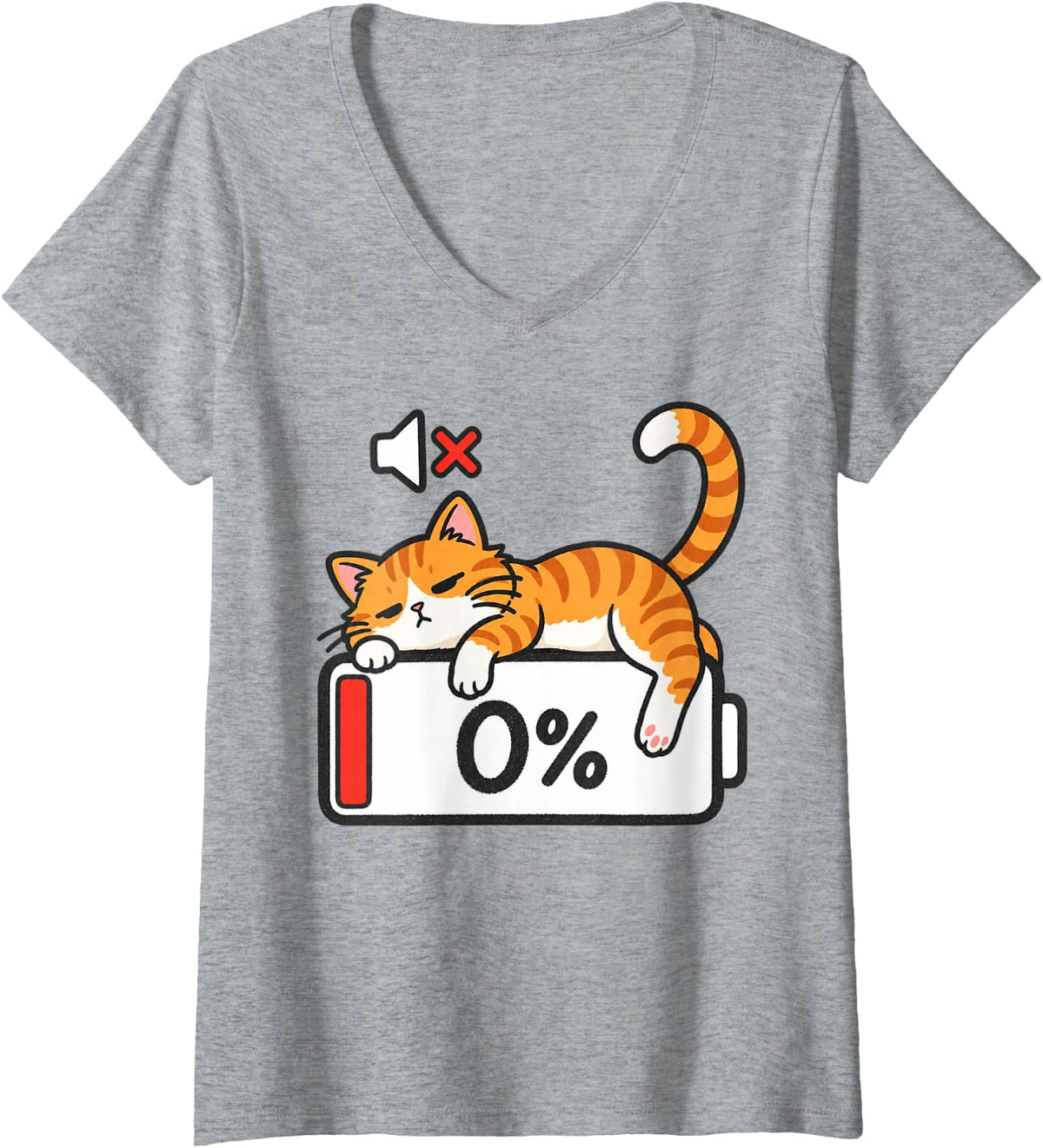 Women's 0% Battery Funny Tabby Cat Low Energy V-Neck T-Shirt - Heather Grey