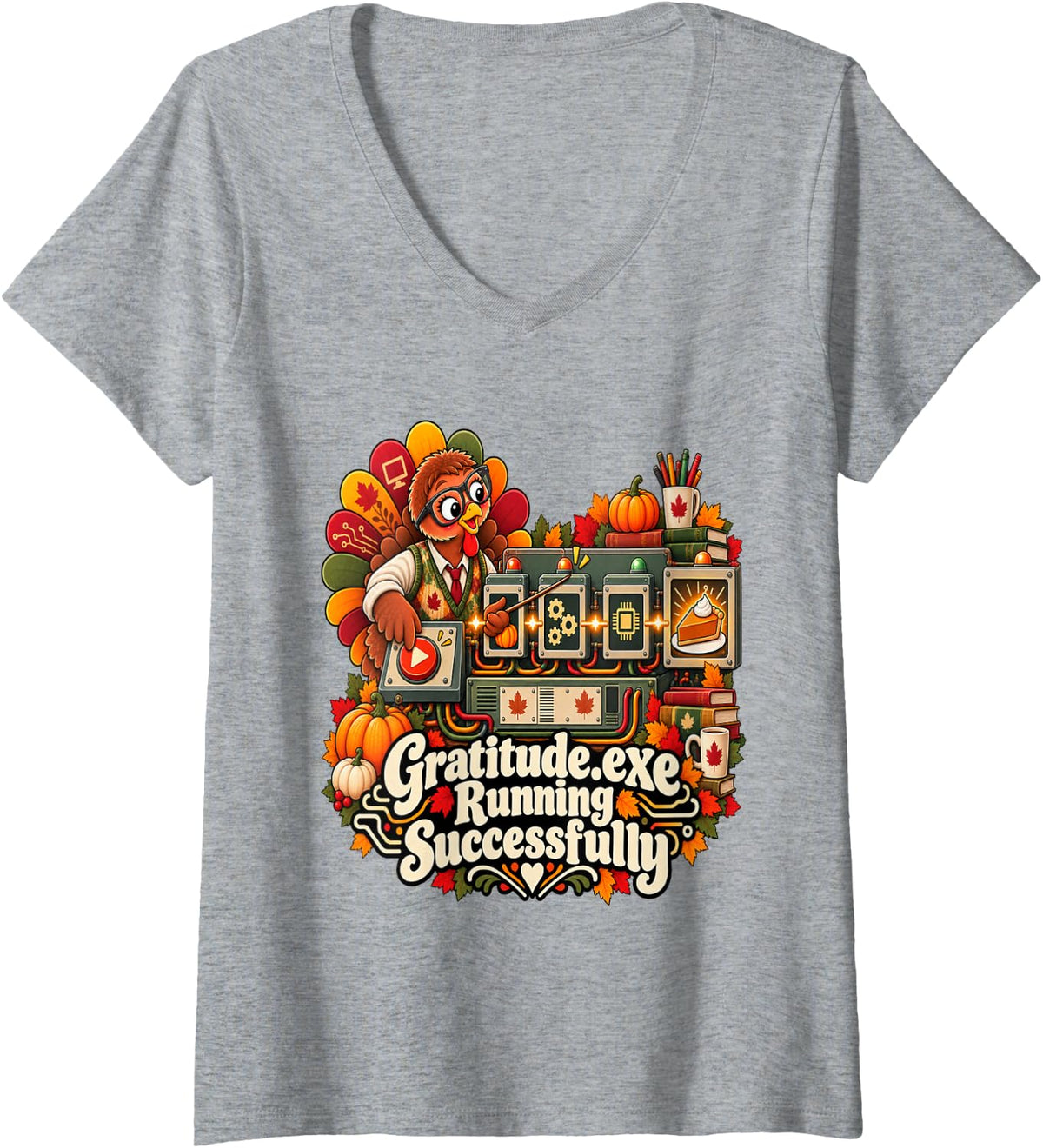 Women's Funny Computer Science Teacher Thanksgiving Coding Turkey V-Neck T-Shirt - Heather Grey