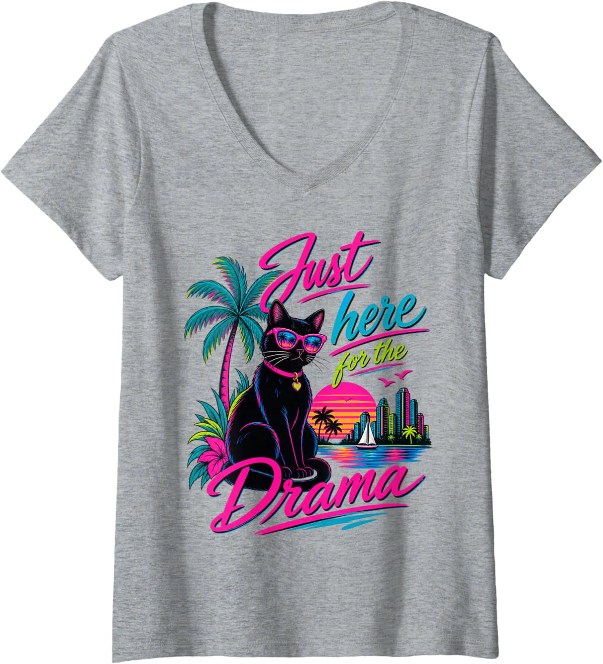 Women's Just Here for the Drama Black Cat Tropical Retro V-Neck T-Shirt - Heather Grey
