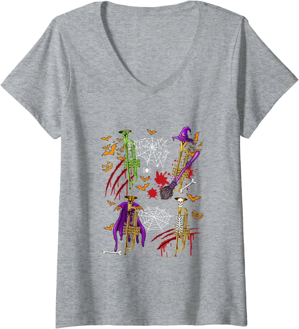 Women's Horror Trumpets As Witch Skeleton Halloween Instrument V-Neck T-Shirt - Heather Grey