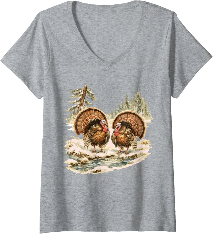 Women's Retro Turkey Hunting Rustic Wildlife Vintage 90s Nature V-Neck T-Shirt - Heather Grey