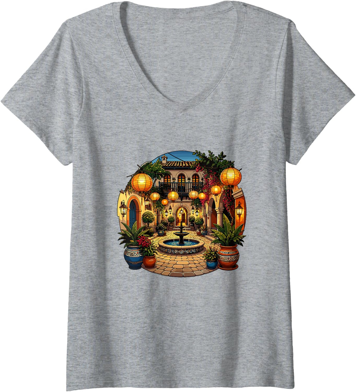 Women's Mediterranean Courtyard Lantern Fountain Patio V-Neck T-Shirt - Heather Grey