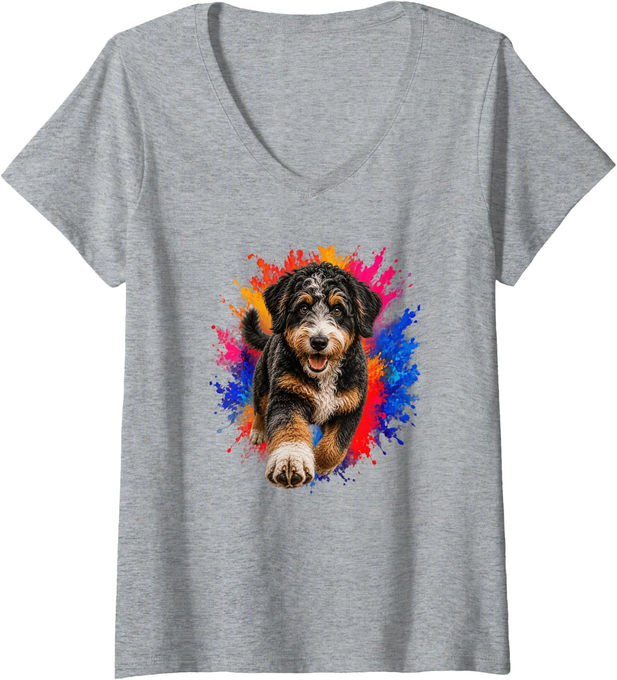 Women's Aussiedoodle Color Splash Dog Art V-Neck T-Shirt - Heather Grey