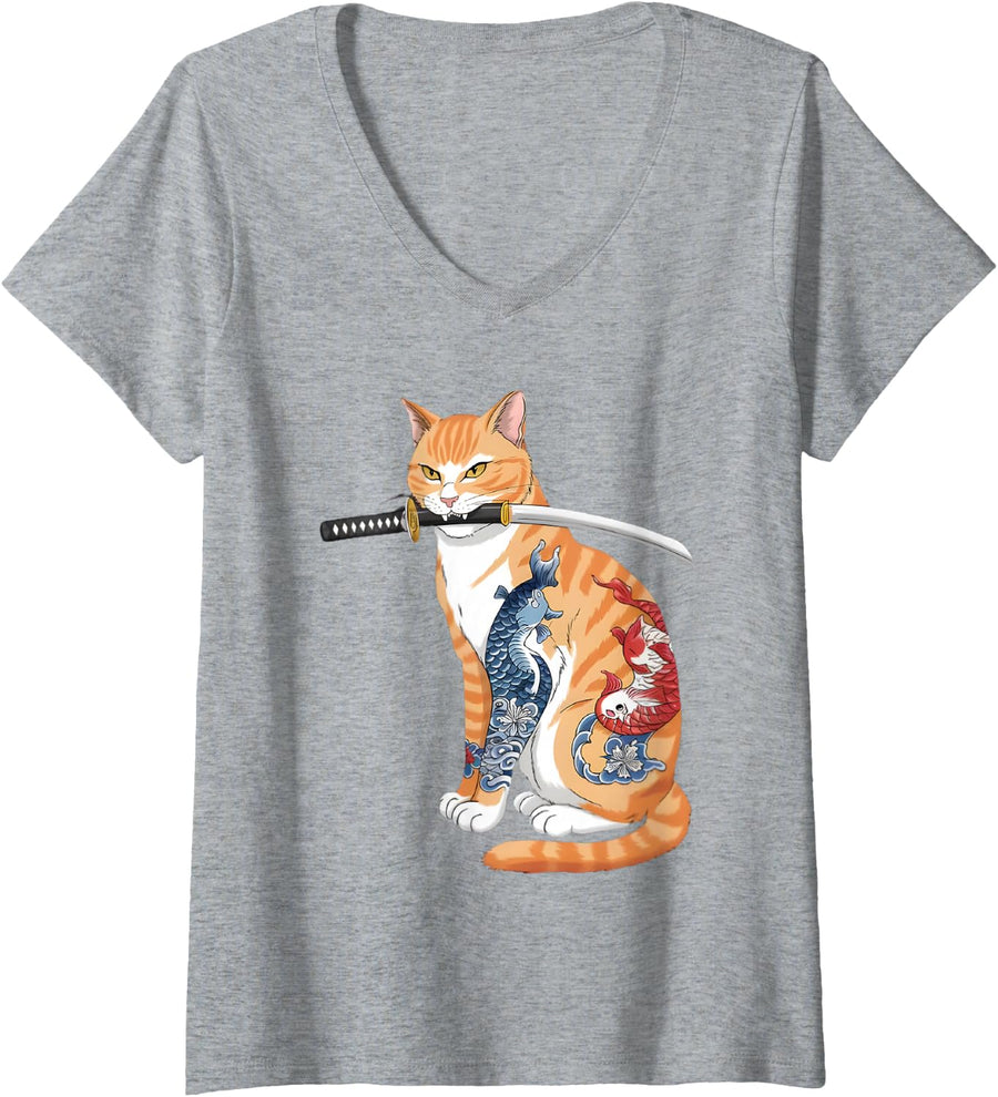 Women's Japanese Orange Tabby Cat Holding Katana V-Neck T-Shirt - Heather Grey