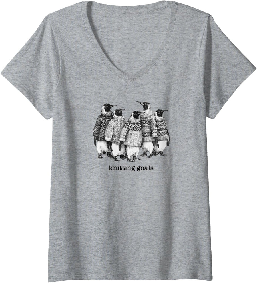 Women's Knitting Goals Penguins Wearing Cozy Sweaters Cute Knitters V-Neck T-Shirt - Heather Grey