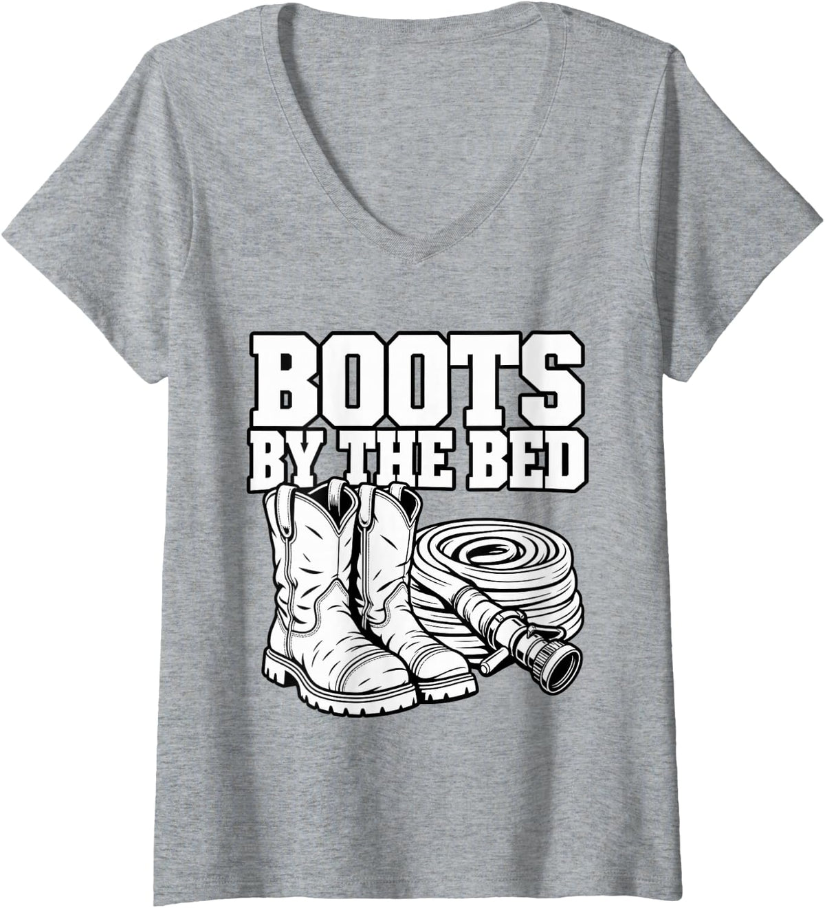 Women's Volunteer Firefighter Boots By The Bed Hose Rescue Fans V-Neck T-Shirt - Heather Grey
