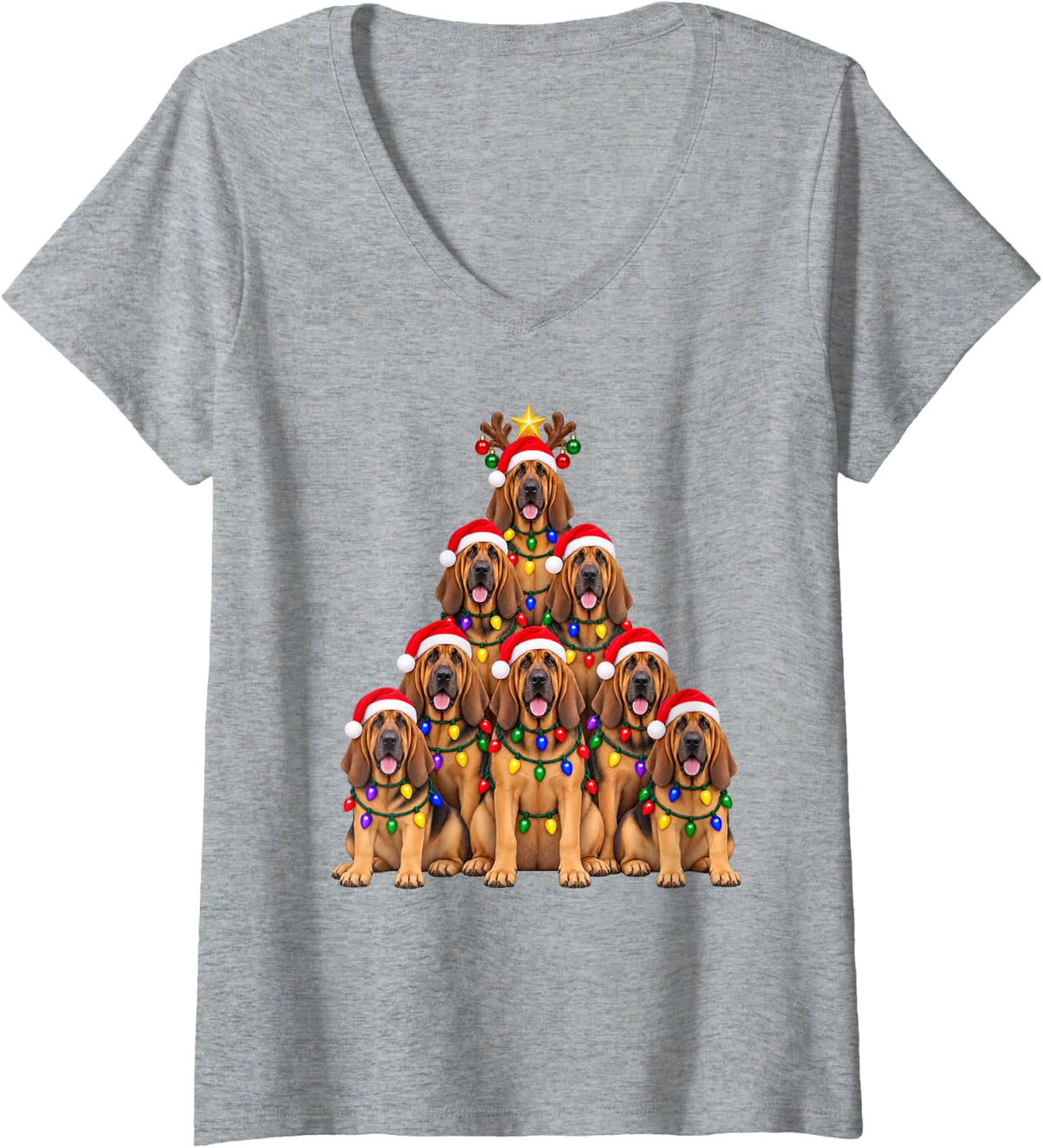 Women's Bloodhound Christmas Dogs Tree Lights Matching Family Xmas V-Neck T-Shirt - Heather Grey