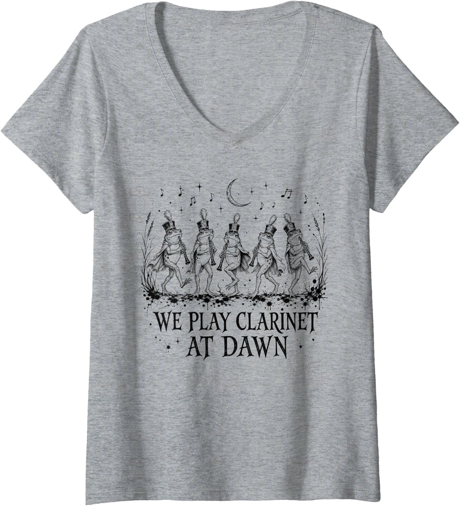 Women's We Play Clarinet At Dawn Marching Band V-Neck T-Shirt - Heather Grey
