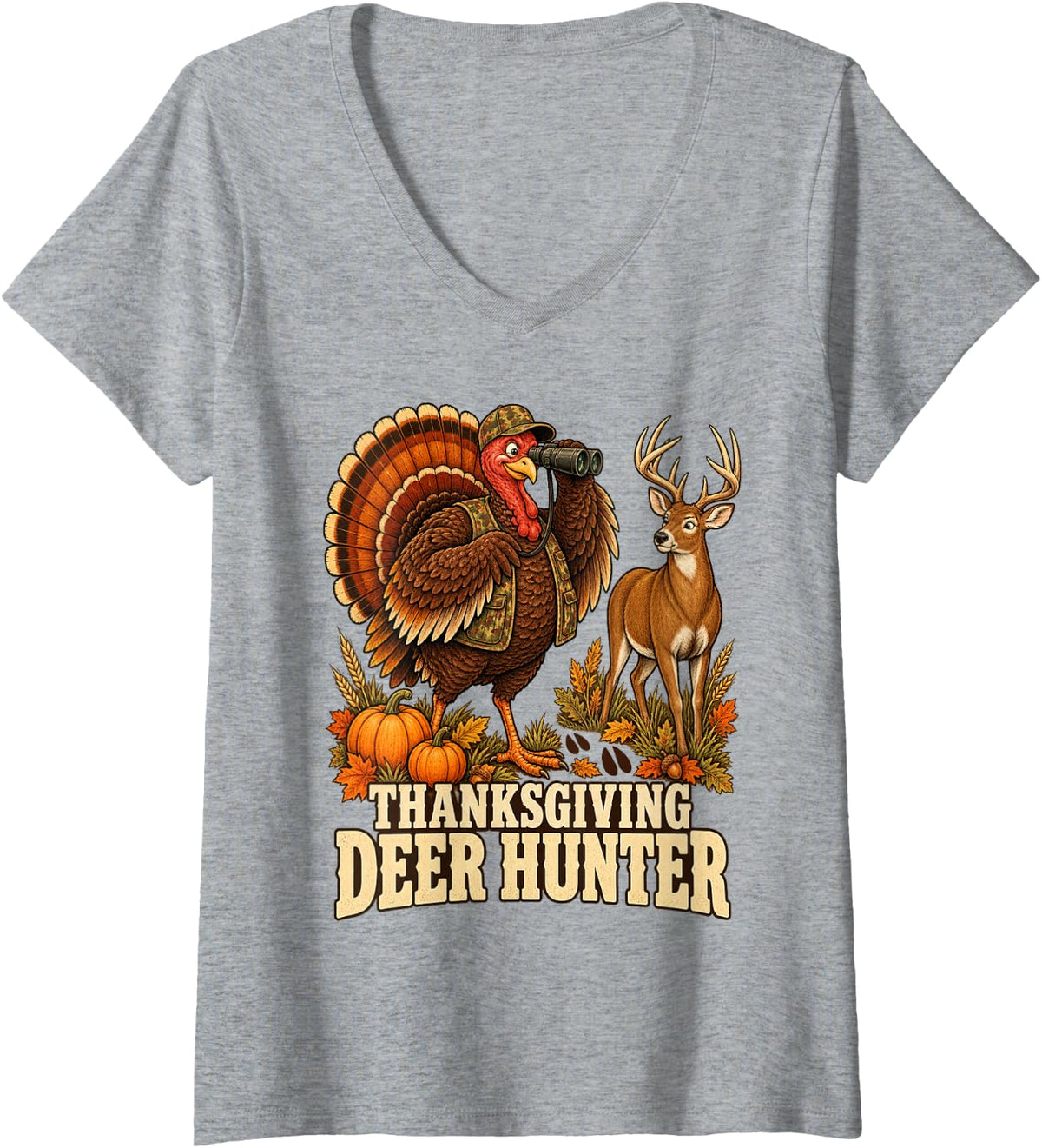 Women's Funny Turke Fall Hunting Thanksgiving Deer Hunter V-Neck T-Shirt - Heather Grey