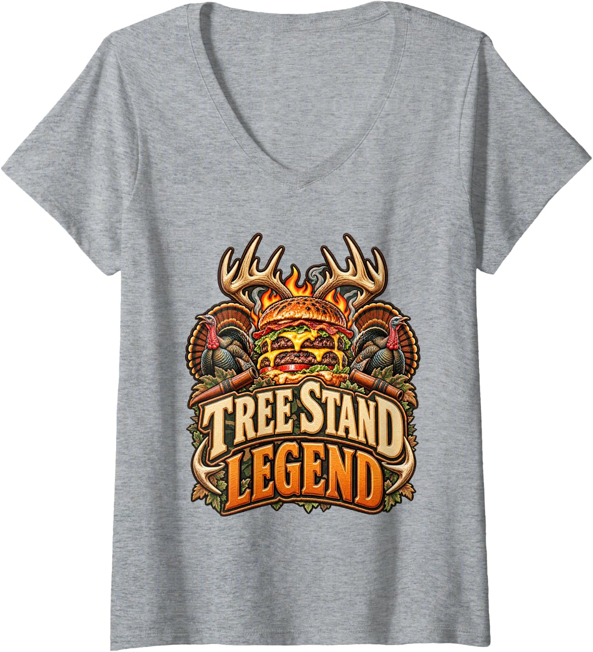 Women's Tree Stand Legend Hunter Deer Turkey Burger Outdoorsman Fun V-Neck T-Shirt - Heather Grey