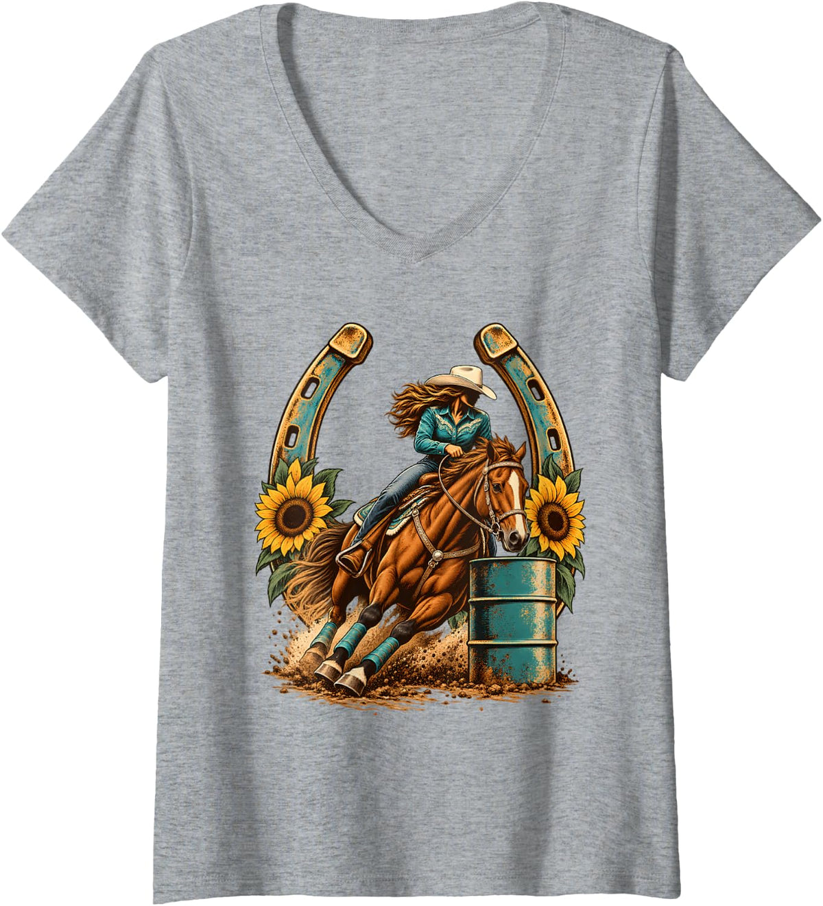Women's Barrel Racing Cowgirl Sunflower Horseshoe Western Rodeo V-Neck T-Shirt - Heather Grey