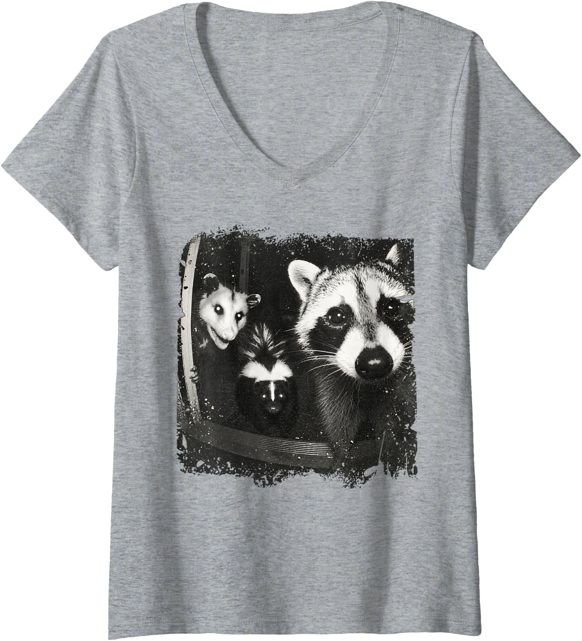 Women's Trash Panda Night Crew Vintage Raccoon Opossum Skunk V-Neck T-Shirt - Heather Grey