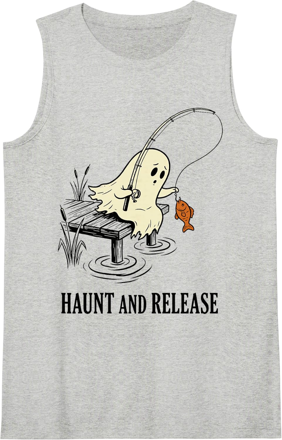 Ghost Haunt and Release Funny Fishing Humor Angler Pole Sleeveless Tank Top - Heather Grey
