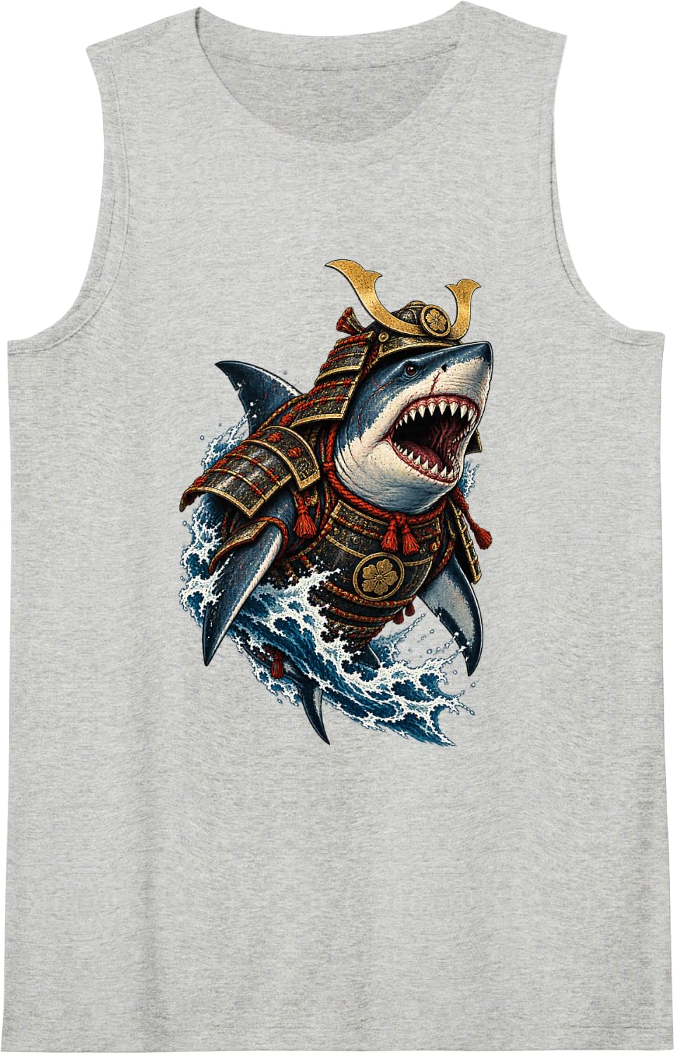 Samurai Shark Armor Ocean Waves Japanese Fantasy Art Sleeveless Tank Top - Heather Grey
