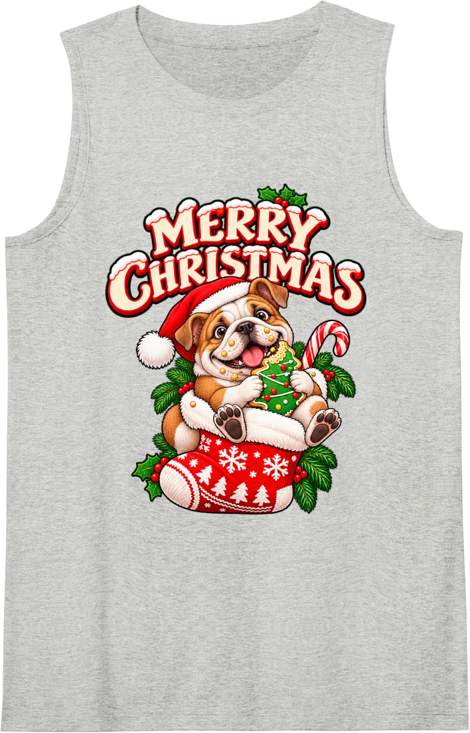 Merry Christmas Happy Bulldog Cute Stocking Funny Sleeveless Tank Top - Heather Grey