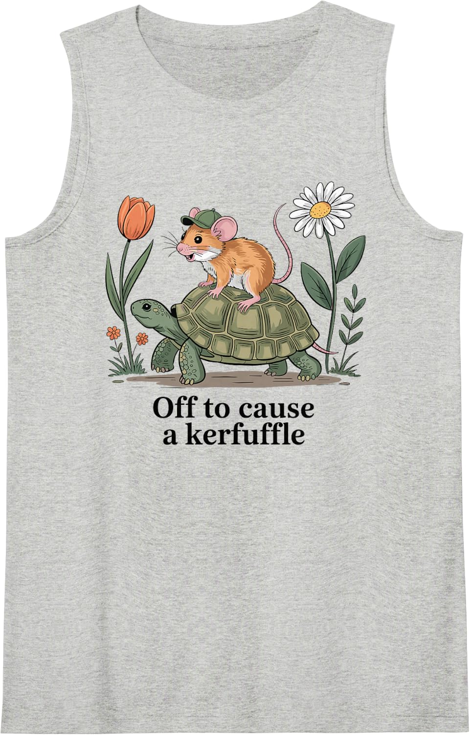 Off to Cause A Kerfuffle Funny Mouse Riding Tortoise Turtle Sleeveless Tank Top - Heather Grey