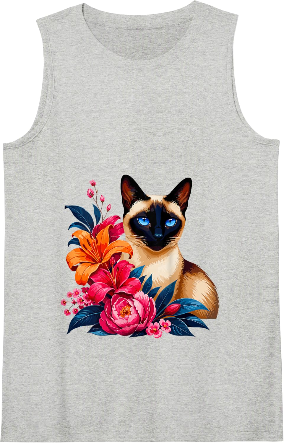 Siamese Cat with Colorful Floral Flowers Tank Top - Heather Grey