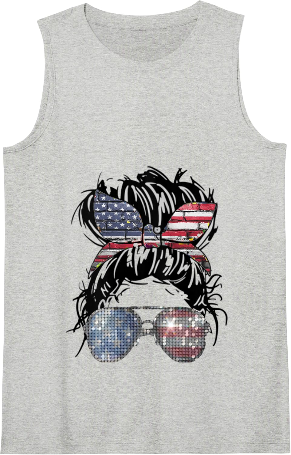 Messy Bun American Flag Glasses 4th of July Patriotic Tank Top - Heather Grey