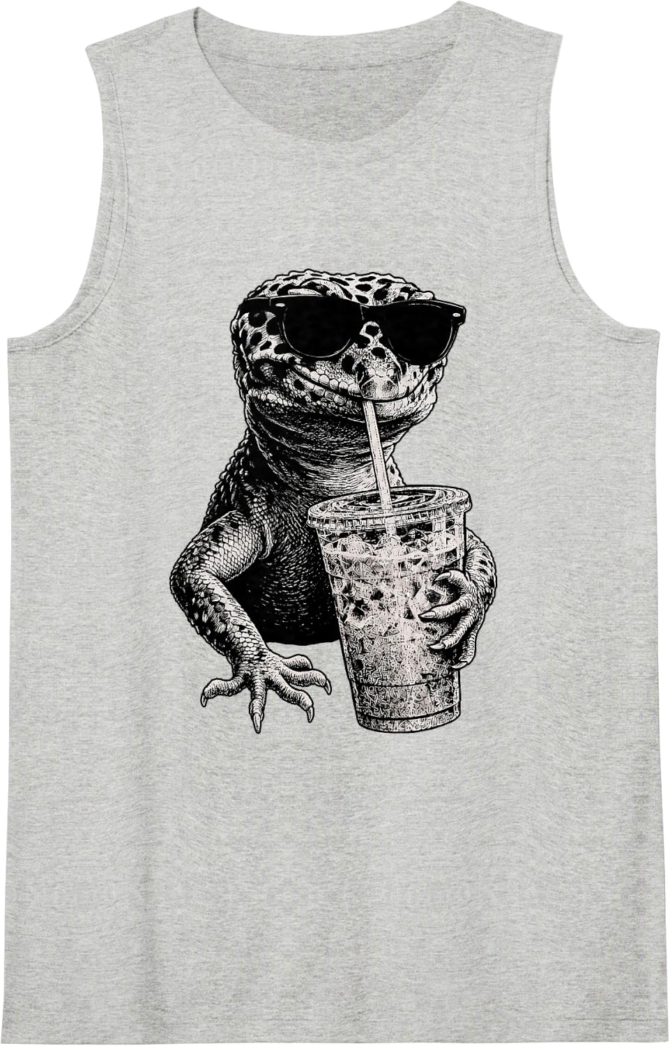 Leopard Gecko Drinking Iced Coffee Wildlife Animal Humor Sleeveless Tank Top - Heather Grey