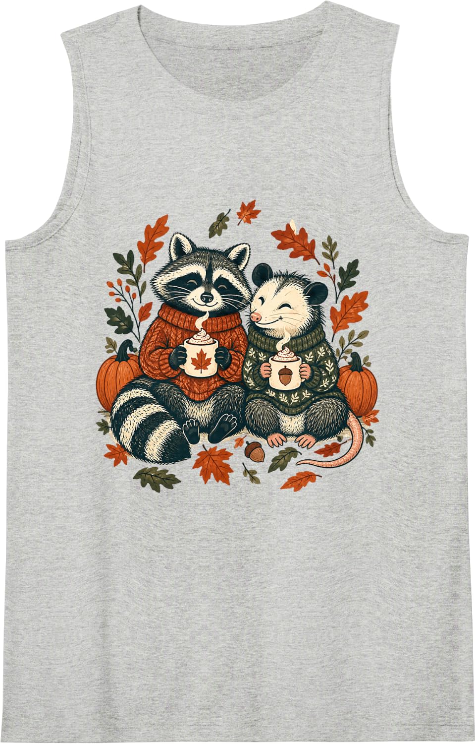 Cute Raccoon Opossum Autumn Pumpkin Animal Fall Sleeveless Tank Top - Heather Grey