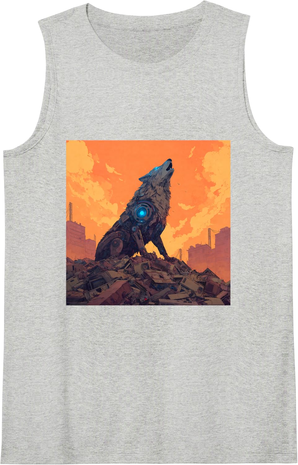 Cyberpunk Robot Wolf Howling Dystopian City Tank Top - Heather Grey