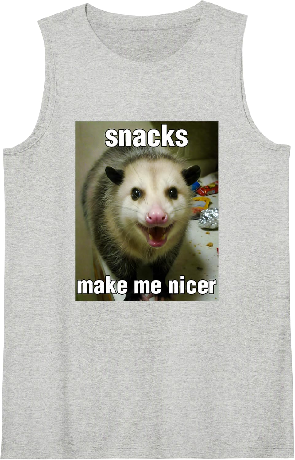 Snacks Make Me Nicer Angry Possum Meme Funny Opossum Sleeveless Tank Top - Heather Grey