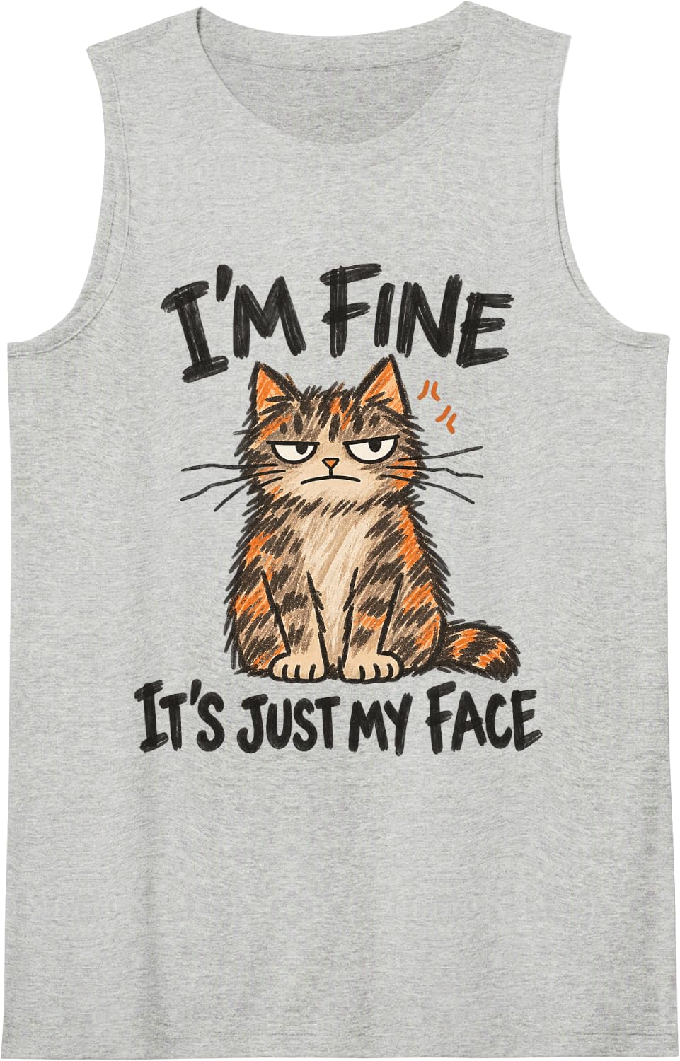 I'm Fine It's Just My face Grumpy Tabby Cat Sleeveless Tank Top - Heather Grey