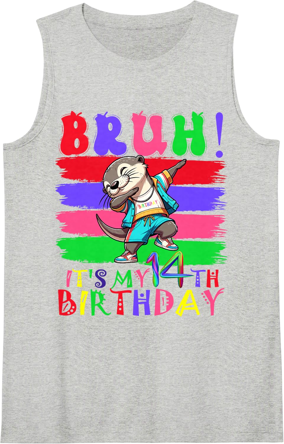 14 Year Old It's My 14th Birthday Otter Dabbing boy Girl Sleeveless Tank Top - Heather Grey
