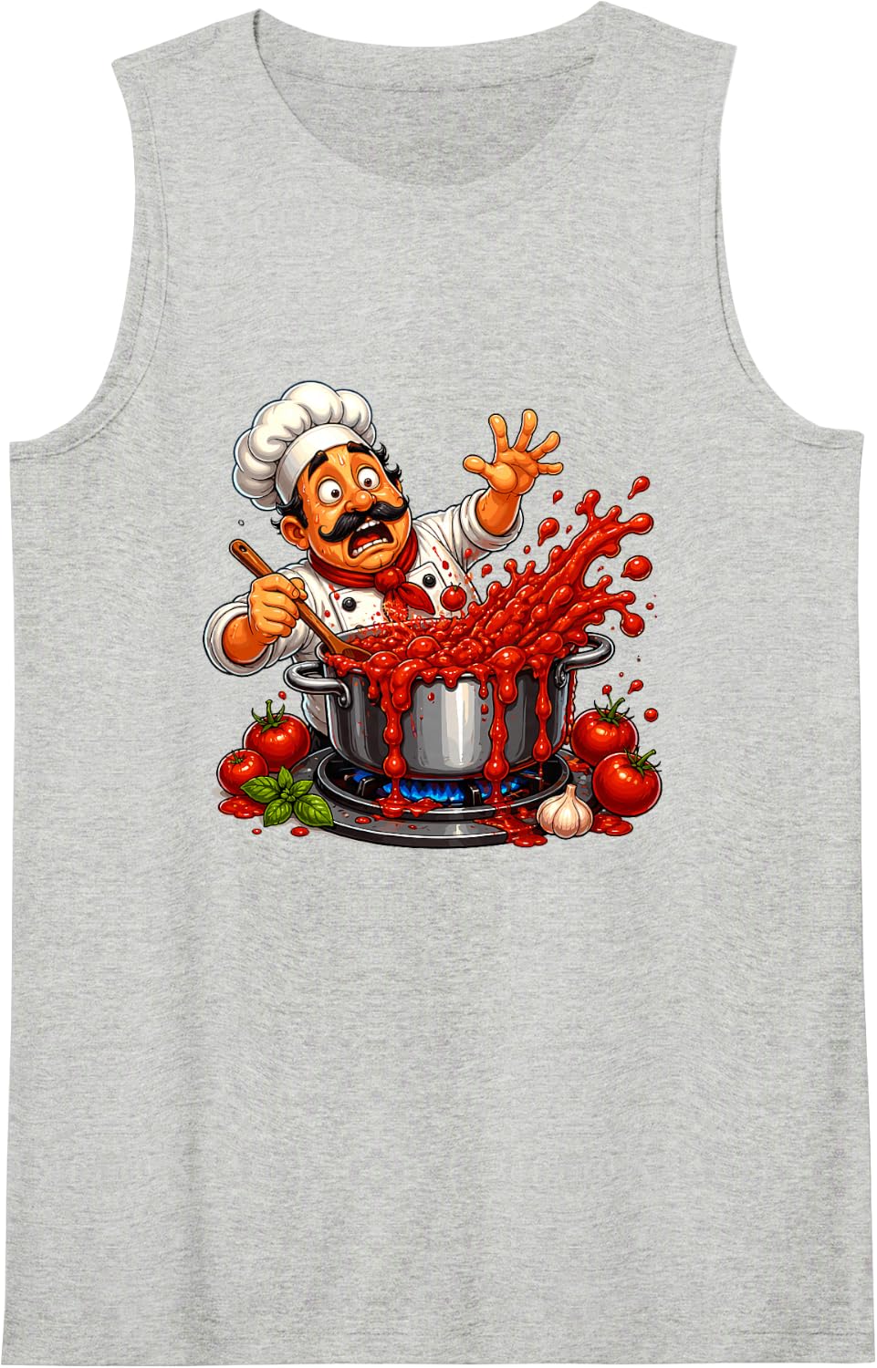 Crazy Kitchen Chef Tomato Sauce Explosion Tank Top - Heather Grey
