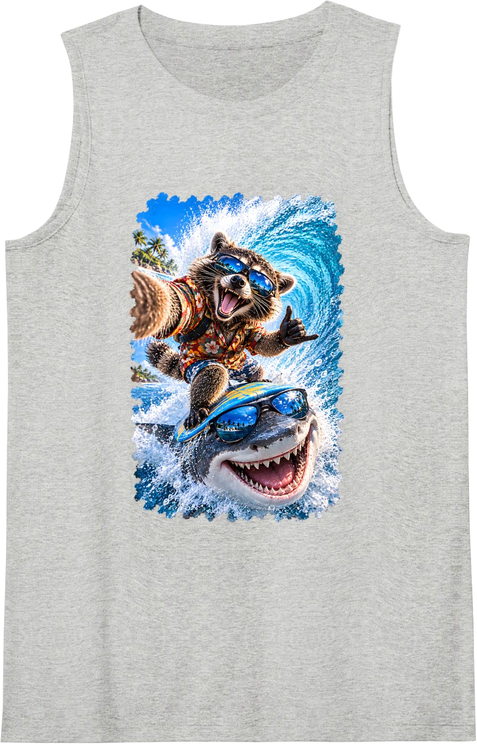 Raccoon Selfie Surfing On Shark Wave Surfer Sleeveless Tank Top - Heather Grey
