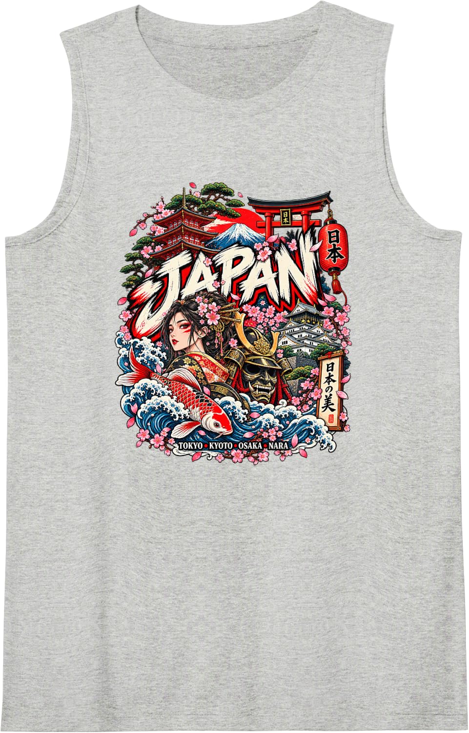 Japan Warrior Geisha Koi Wave Cherry Blossom Travel Art Sleeveless Tank Top - Heather Grey