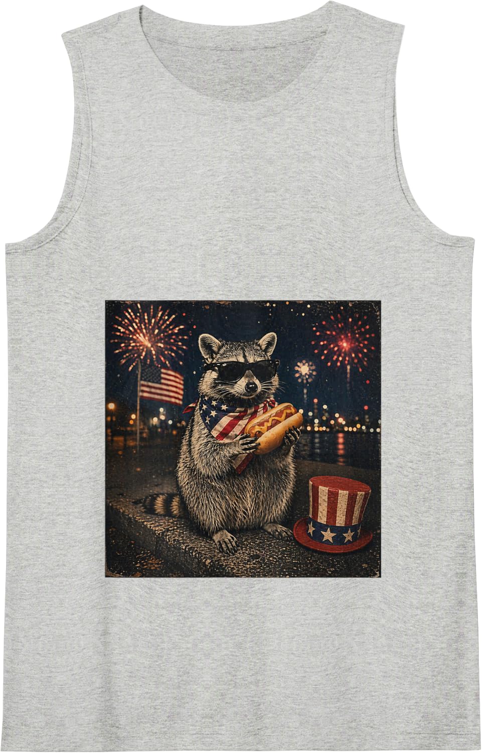 Funny Raccoon 4th of July USA Hot-Dog Patriot Tank Top - Heather Grey