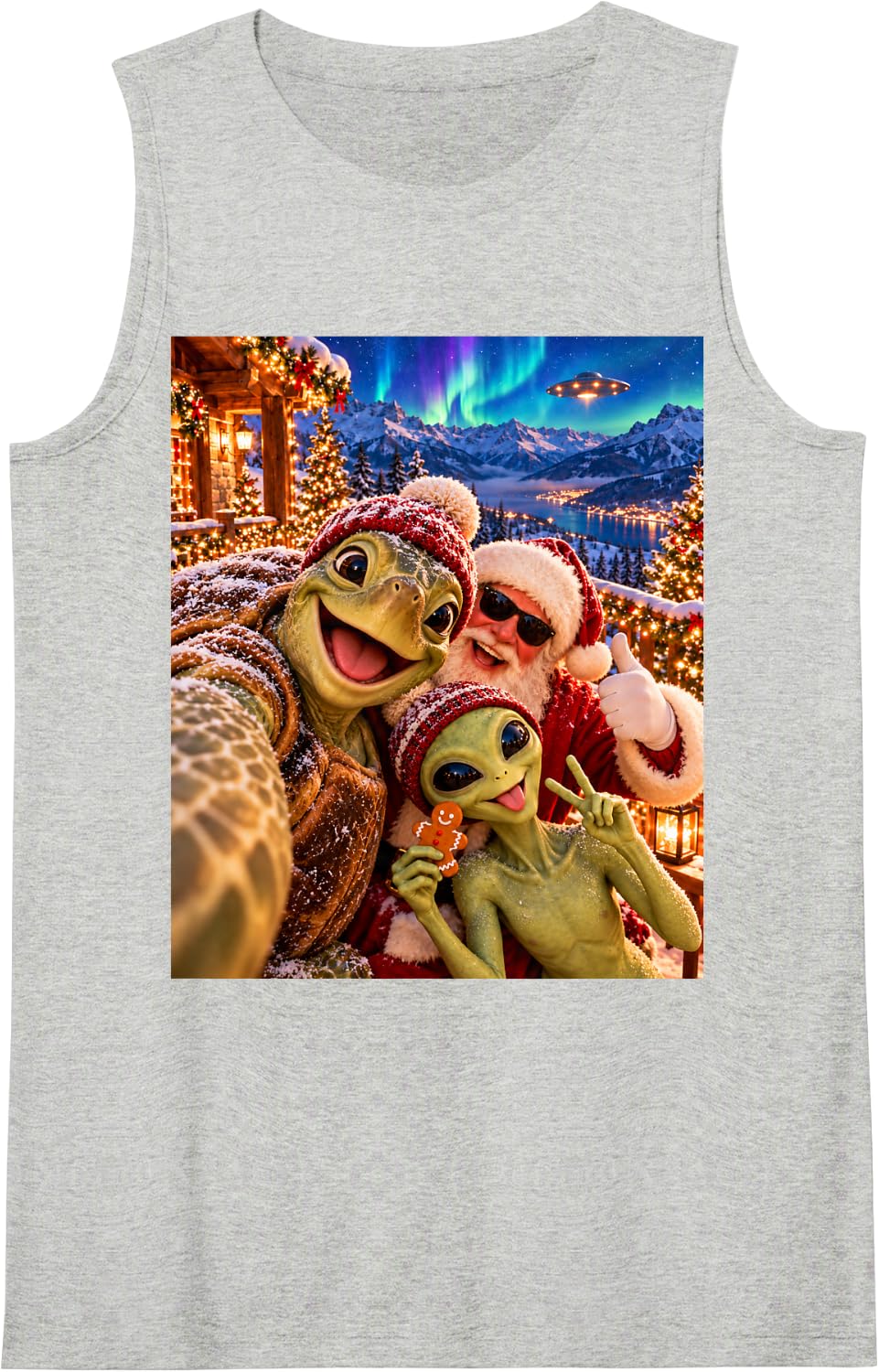 Turtle Silly Christmas Selfie with Santa and Alien Sleeveless Tank Top - Heather Grey